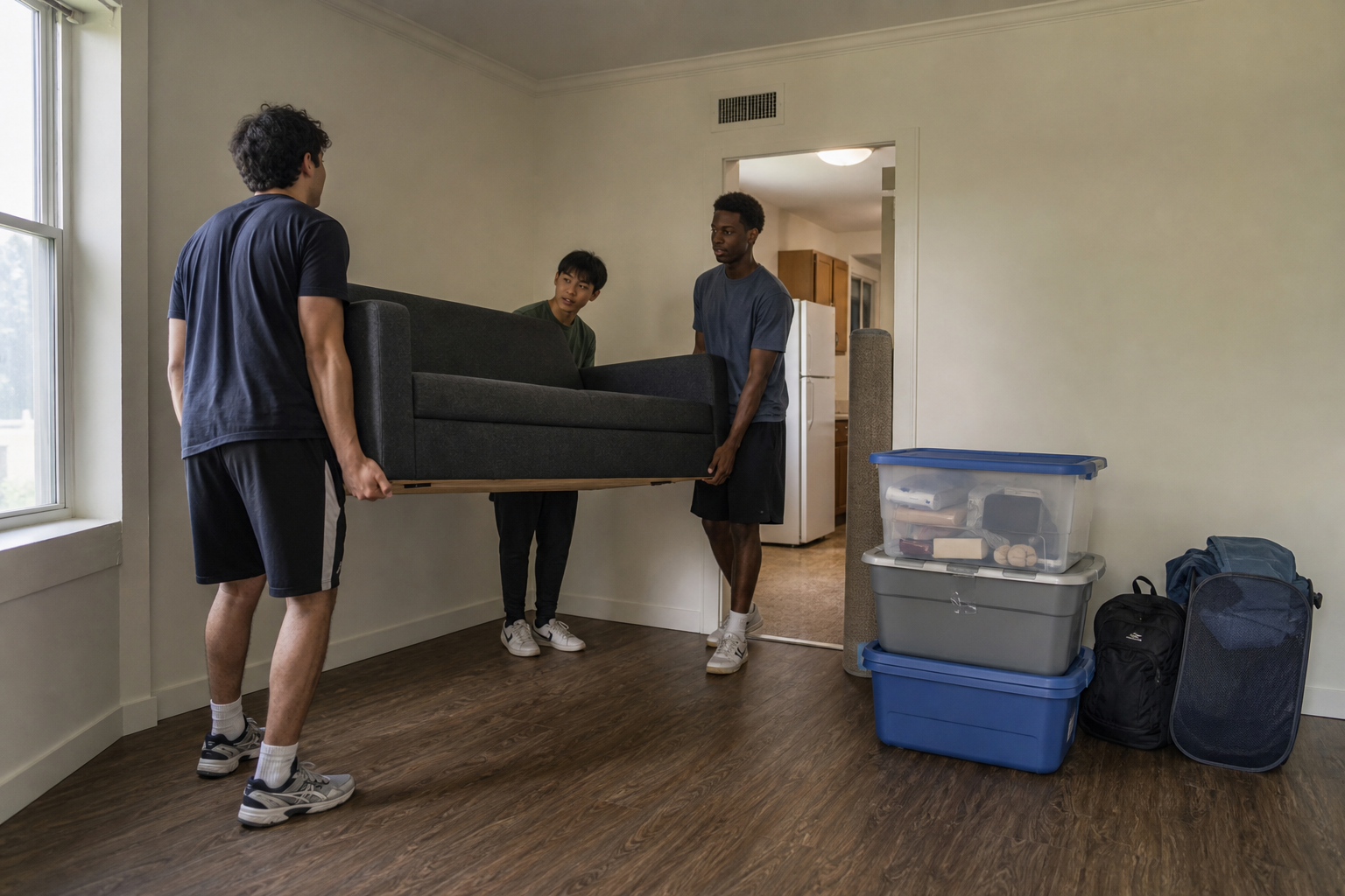 Clearly labeled first-night bag beside packed college move-in bins