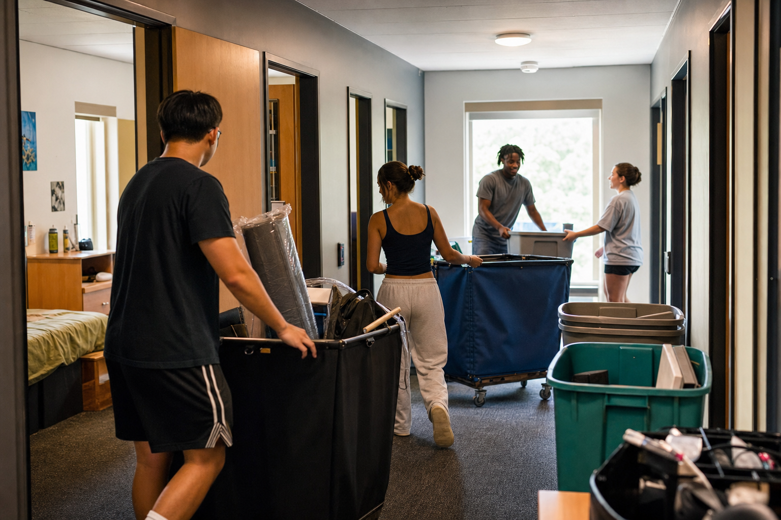 Two students comparing a short shared dorm list on their phones
