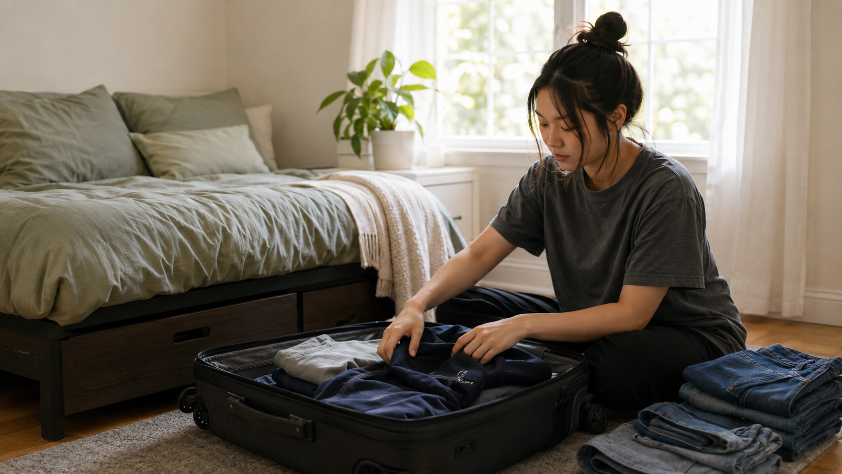 Student packing a suitcase beside a dorm bed